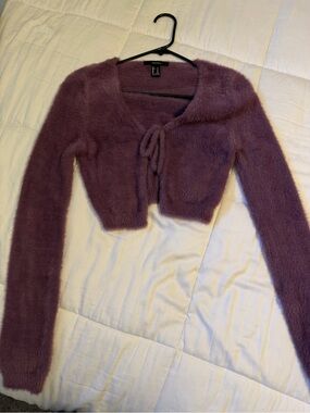 Forever 21 Plum Fuzzy Tie-Front Cropped Cardigan